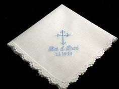 "Simply elegant fine cotton handkerchiefs are a truly necessary indulgence for the bride. They make the perfect wedding keepsake, or your something blue. This hanky measures 12\" square and is edged with cotton crochet lace. Choice of thread colors. Pictured with light blue embroidery. Colors could vary slightly as each monitor is a little different. To see complete line of handkerchiefs use this link: http://www.etsy.com/shop/jfyBride For more monogrammed bridal accessories & veils follow t Cotton Handkerchiefs With Lace Trim For Wedding, Blue Cotton Handkerchiefs For Wedding, Light Blue Embroidery, Thread Colors, Blue Embroidery, Wedding Keepsakes, The Perfect Wedding, Wedding Date, Cotton Crochet