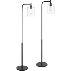 two black floor lamps with one light on each side and the other on top of it