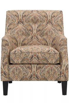 an ornate patterned chair with black legs