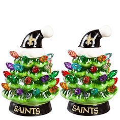 new orleans saints christmas tree ornament set with santa's hat on top