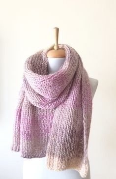 "This hand knit scarf is perfect and cozy accessory to keep you warm and stylilsh. This knit scarf is super large and wide made with softest and airy soft angora wool The scarf is long to make two loops, its very soft and comfortable. Material: extra soft and very light angora wool Color: Light Shades of Purple Pastel Yellow and very light Beige Width: 60 cm / 24\" Care: Handwash in luke warm water, lay flat to dry. Can also be washed in a washing mashing at gentle cycle, do not tumble dry 100% Knitted Muffler For Women, Washing Mashing, Crochet Head Scarf, Knitting Yarn Colors, Crochet Scarf Patterns, Pastel Scarf, Stitching Designs, Woolen Scarf, Knitted Cowl Scarves