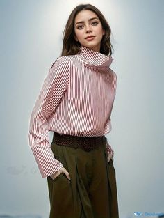 Orcajump - Striped Turtle Neck Button Decor Blouse, Elegant Long Sleeve Blouse, Women's Clothing Fall Striped Blouse For Work, Striped Blouse For Workwear In Fall, Fall Workwear Striped Blouse, Striped Long Sleeve Blouse For Daywear, Fall Striped Tops With Collar, Striped Long Sleeve Tops For Work, Striped Long Sleeve Office Blouse, Striped Long Sleeve Top For Daywear, Striped Tops For Office In Spring