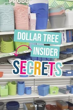 the dollar tree insider secrets book is displayed in front of shelves with plastic containers and bins