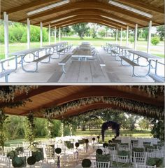 an outdoor wedding venue with tables and chairs