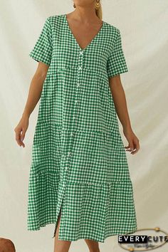 Paneled Plaid Print Buttons Down V-neck Casual Midi Dress Summer V-neck Maxi Dress For Picnic, Casual V-neck Dress For Picnic, V-neck Midi Dress For Spring Picnic, Spring V-neck Midi Dress For Picnic, Summer V-neck Dress For Picnics, Summer V-neck Picnic Dress, Summer V-neck Dress For Picnic, Green Midi Dress For Picnic, Casual Green Midi Dress For Picnic