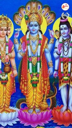 three deities standing next to each other in front of a blue sky and water background