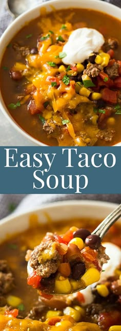 easy taco soup in a white bowl with a ladle full of soup and the title overlay reads easy taco soup