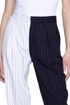 Trendy Vertical Stripes Pants For Workwear, Trendy Vertical Stripes Pants For Work, Blue Vertical Stripes Pants For Spring, Blue Striped Pants For Spring, Trendy Vertical Stripes Bottoms For Workwear, Straight Pants With Contrast Stripes For Spring, Pinstripe High-waisted Pants For Summer, Trendy Workwear Bottoms With Vertical Stripes, Chic Blue Vertical Striped Pants