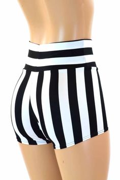 "This item is made to order, please read all the way through the listing before purchasing! These high waisted shorts are made of black and white stripe lycra spandex. They have a smooth stretchy fit, and the high waistband is super flattering! Straight cut leg. LENGTH: 2\" inseam RISE: 11\" Womens Sizing (See below for instructions on where measurements should be taken) XXS: Bust 29\"-30\" / Waist 22\"-23\" / Hips 30\"-32\" Extra Small: Bust 31\"-32\" / Waist 24\"-25\" / Hips 33\"-35\" Small: B High Waist Athletic Shorts With Wide Waistband For Summer, High-waist Athletic Shorts With Wide Waistband For Summer, Striped Fitted High Waist Swimwear, High Waist Shorts For Cheerleading In Summer, Striped Fitted High-waist Swimwear, Stretch Summer Bottoms With Vertical Stripes, Stretch Striped Shorts, Stretch Bottoms With Vertical Stripes For Summer, Summer Bottoms With Vertical Stripes And Stretch