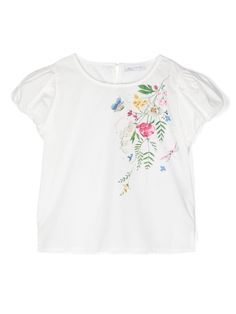 white/multicolour cotton floral print to the front crystal embellishment crew neck rear hook fastening short sleeves straight hem Printed Tshirts, Crystal Embellishment, Girl Top, Floral Printed, Girls Tshirts, Cotton T Shirt, Printed Cotton, Tshirt Print, Cotton Tshirt