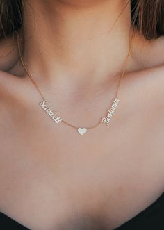 Necklace Name Design, Double Name Necklace, Mangalsutra Bracelet, Names Necklace, Double Name, Real Diamond Necklace, Sideways Initial Necklace, Pretty Jewelry Necklaces, Necklace With Heart