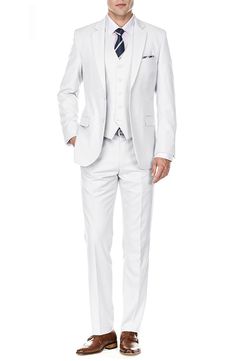 Bring understated elegance to the table in this three-piece suit crafted from rich fabric in a classic single-breasted silhouette. Jacket has notched lapels; chest welt pocket; front flap pockets Vest has front button closure; V-neck Pants have zip fly with button closure; front slant pockets; back button-welt pockets Jacket and vest are lined; trousers are lined to the knee 65% polyester, 35% viscose Dry clean Imported Each suit has a 6” drop, meaning that a size 38R jacket is paired with size