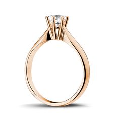 a rose gold engagement ring with a single diamond in the center, on a white background