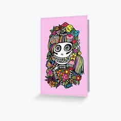 a pink greeting card with an image of a skeleton wearing flowers and butterflies on it