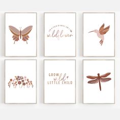 four cards with different types of birds and flowers