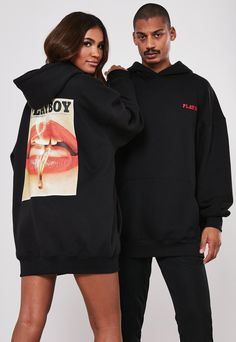 Playboy X Missguided Black Magazine Print Oversized Hoodie | Missguided Black Hoodie Dress, Playboy Logo, Black Magazine, Hoodie Sweater Dress, Sweater Dress Oversized, Aesthetic Streetwear