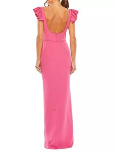 This Mac Duggal jersey column gown features a square neck and an elegant scoopback. Ruffled cap sleeves define the look..Square neck.Scoopback.Cap sleeves.Concealed back zip closure.100% polyester.Lined.Spot clean.Imported.SIZE & FIT.About 61' from shoulder to hem.Model measurements: 5'10' tall.Model is wearing a US size 4.This Mac Duggal jersey column gown features a square neck and an elegant scoopback. Ruffled cap sleeves define the look.Square neckScoopbackCap sleevesConcealed back zip closure100% polyesterLinedSpot cleanImportedSIZE & FIT.About 61' from shoulder to hemModel measurements: 5'10' tallModel is wearing a US size 4 Fitted Pink Maxi Dress With Pleated Back, Elegant Fitted Maxi Dress With Closed Back, Fitted Dress With Pleated Back And Cap Sleeves, Fitted Maxi Dress With Closed Back, Cap Sleeve Gown, Gown Gold, Long Sleeve Ruffle Dress, Ruffle Gown, Fuchsia Dress