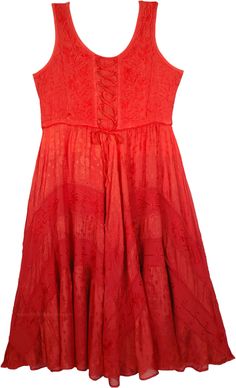 A perfect all-season dress, especially because of its exotic red dual shade.  The dress has a beautiful lace work alongside the stylized panels. #tlb #Sleeveless #Embroidered #Lace #vacationclothing #Floral #bohemianfashion #Sleeveless Rayon Dre #MedievalDress #RenaissanceDress #WesternDress #RayonDress Red Sleeveless Embroidered Dress For Beach, Red Bohemian Sleeveless Sundress, Red Sleeveless Bohemian Dress, Summer Red Embroidered Dress With Intricate Embroidery, Red Bohemian Sleeveless V-neck Dress, Bridesmaids Outfits, Dress Medieval, Dress Western, Dress Rayon