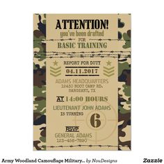 an army camouflage birthday party card with the words attention you've been ordered for basic training