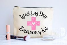 a makeup bag with the words wedding day emergency kit next to it