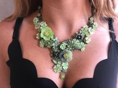 Pistachio Green Statement Necklace Handbeaded by Designer - Etsy Dna Art, Poppy Necklace, Green Statement Necklace, Navy Blue Flowers, Painted Resin, Jewelry Flower, Floral Jewelry, Pistachio Green, Valentines Necklace