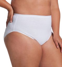 High waisted panty has high cut legs for improved mobility, logo elastic waistband for secure fit, and picot trim along edges for elegance. Sewn-on elastic waistband provides a "stay put" fit. Embossed logo repeats to back of waistband. Combed cotton is perfect for daily wear with its softness and breathability. High cut leg openings have elastic sewn along the edges. Picot trim circles top of waistband and edges of leg openings. Interior tag provides fabric content and care info. Seamless rear. Full Coverage Bottoms With Hygienic Liner For Daywear, Cotton High-cut Leg Bottoms For Daywear, High-cut Leg Cotton Bottoms With Elastic Waistband, Cotton Bottoms With Elastic Waistband And High-cut Leg, Solid Bottoms With Wide Waistband For Daywear, Daywear Brief Bottoms With Elastic Waistband, Comfort Stretch Solid Bottoms For Daywear, Solid Color Brief Bottoms For Daywear, Classic White Full Coverage Bottoms