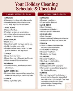 the holiday cleaning checklist is shown in red, white and black with text on it