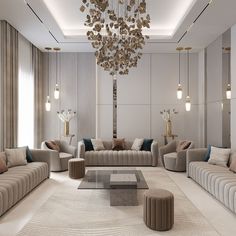 a living room with couches, chairs and a chandelier