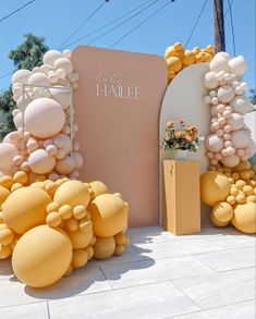 balloons and flowers decorate the entrance to an event