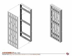 an assembly diagram showing the components for a wall mounted racking system, including two shelves and one shelf