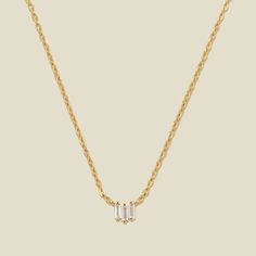 Bring a flawlessly fresh aesthetic to your go-to lineup with our CZ Baguette Necklace. Featuring 3 sparkling prong-set baguette CZs fixed on a dainty chain, this piece adds a little elevation to your everyday. Fresh Aesthetic, Baguette Necklace, Made By Mary, Dainty Chain, Baguette Cut, Prong Setting, Baguette, Necklaces, Chain