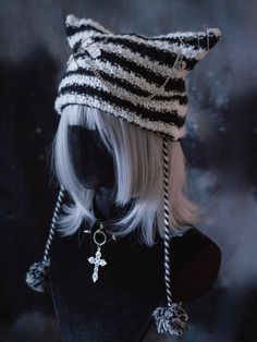 Add a touch of gothic charm to your outfit with this striking heart buckles knitted hat. The black and white striped design gives it a bold and edgy look, while the chain decoration adds an extra element of cool. This hat is perfect for adding a unique flair to your gothic wardrobe.   Please note that this product includes only the hat. Goth Hats, Goth Hat, Gothic Wardrobe, Red Gothic, Steampunk Fashion Male, Gothic Skirts, Steampunk Accessories, Gothic Accessories, Outfits With Hats