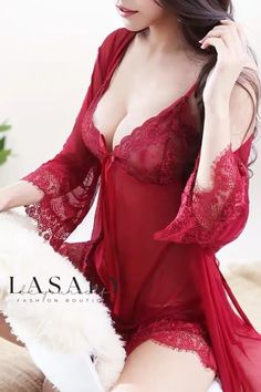 Lasaky - Sophisticated Lace Lingerie Set with Suspender Sleepwear for Adults. Body Dentelle, Nightgown Sets, Harajuku Women, 얼짱 소녀, Night Dress For Women, Lace Silk, Lace Lingerie Set, Red Lingerie, Hem Design