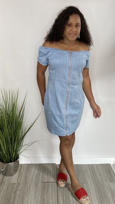 Light denim o ring off the shoulder denim dress True to size 45% cotton 30% Rayon 23% Polyester 2% Spandex Plus Size Off The Shoulder, Plus Jumpsuit, Basic Hoodie, How To Clean Iron, Off The Shoulder Dress, Drip Dry, Light Denim, Biker Shorts, O Ring