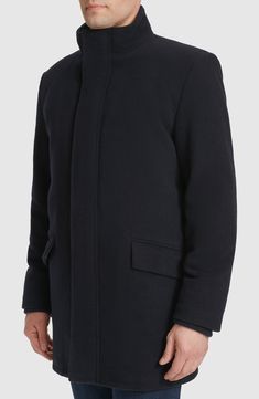 A loose car coat fashioned from a durable wool blend features a stand collar and a sleek snap storm placket added warmth and comfort. 33 1/2" length (size Medium) Front zip closure with snap storm placket Stand collar Long sleeves Front flap pockets Lined 60% wool, 30% polyester, 5% acrylic, 5% other fibers Dry clean Made in China Winter Outerwear With Welt Pockets And Stand Collar, Winter Outerwear With Stand Collar And Welt Pockets, Solid Wool Hooded Outerwear, Modern Outerwear With Stand Collar For Winter, Solid Color Wool Hooded Outerwear, Hooded Wool Outerwear, Classic Hooded Wool Coat, Classic Wool Coat With Stand Collar For Winter, Classic Solid Color Outerwear For Travel