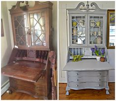 an old desk and hutch are shown in two different photos, one is painted gray