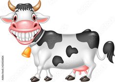 a cartoon cow with big teeth and bell on it's neck is standing in front of a white background