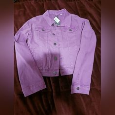 Nwt Purple Denim Jacket Kidpik Sz Xxl (16) Offers Are Welcome Fitted Solid Denim Jacket For Spring, Purple Button-up Cotton Outerwear, Purple Cotton Button-up Outerwear, Purple Cotton Outerwear With Button Closure, Casual Purple Cotton Outerwear, Purple Cotton Outerwear With Pockets, Purple Denim Jacket, Lavender Jacket, Purple Denim