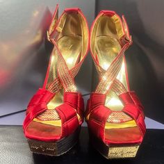 Size 8 Red Satin Gold Sequin Accents No Box Or Original Packaging Some Wear From Being In Storage, Never Worn Smoke Free Home Red Round Toe Heels For Christmas, Gold Heels With Red Sole And Round Toe, Red High Heels For Christmas, Gold Heels With Red Sole For Party, Red High Heel Holiday Heels, Gold Open Toe Heels With Red Sole, Red High Heels For Holidays, Baby Phat Shoes, Red Platform Heels