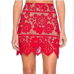 Nwt Embrace The Balmy Evening Atmosphere With The Nightlife-Ready Gianna Mini Skirt. Mini Skirt Features A Floral Lace Overlay In A Sheer, Open Knit. Fitted Waist. Scalloped Hemline. Side Zip Closure. Fully Lined. Self: 62.5% Cotton, 37.5% Nylon; Lining: 90% Polyester, 10% Spandex. Dry Clean Only. Imported. Measurements: Skirt Length: 18 In Waist Measurement: 26 In Lace Mini Skirt For Summer Party, Summer Party Lace Mini Skirt, Red Fitted Skirt For Summer, Fitted Red Skirt For Summer, Flirty Lace Skirt For Party, Red Flirty Skirt For Summer, Red Party Bottoms Mini Length, Elegant Red Mini Skirt For Date Night, Red Mini Party Bottoms