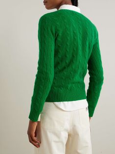 POLO RALPH LAUREN Julianna embroidered cable-knit wool and cashmere-blend sweater Fitted Green Cable Knit Sweater, Classic Crew Neck Cable Knit Outerwear, Classic Crew Neck Cable Knit Cardigan, Classic Cable Knit Crew Neck Outerwear, Classic Green Cable Knit Sweater, Preppy Long Sleeve Fitted Sweater, Preppy Fitted Long Sleeve Sweater, Fitted Long Sleeve Preppy Sweater, Fitted Green Cable Knit Cardigan