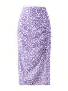 Teen Girl's Daisy Printed Side Pleated High Slit Long Midi Skirt For Vacation Mauve Purple Boho   Woven Fabric Plants,Ditsy Floral Slit Non-Stretch  Teen Girls Clothing, size features are:Bust: ,Length: ,Sleeve Length: Hope Scope, Girls Skirts Fashion, Long Purple Skirt, Sunset Outfits, Purple Skirts, Purple Floral Skirt, Girls Maxi Skirt, Fabric Plants, Long Midi Skirt