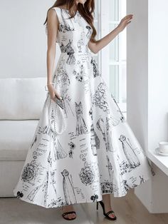 color: White, Size: S Vacation Maxi Dress, Print Long Dress, Chic Maxi Dresses, A Line Dresses, Printed Long Dresses, Long Sleeve Print Dress, Women's Evening Dresses, Elegant Chic, Vintage Elegant