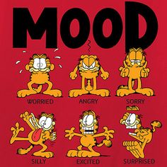 an image of cartoon characters with the words mood written in different languages, including angry and silly