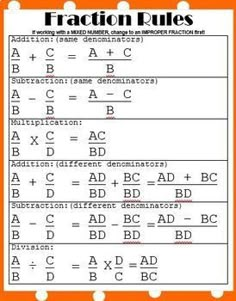 an orange and white poster with the words fraction rules written in black letters on it