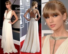 taylor-swift-vestido-branco-05 Red Carpet Dresses Long, Greek Style Dress, Unconventional Wedding Dress, Red Carpets, Latin Dress, Taylor Swift Videos, Backless Prom Dresses, Gowns Wedding, Red Carpet Dresses