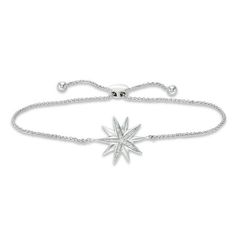 Make a sparkling entrance with this stunning diamond bolo bracelet. Created in sterling silver, this exquisite design showcases a striking sculpted starburst with alternating polished and shimmering diamond-lined arms. Radiant with 1/10 ct. t.w. of diamonds and a brilliant buffed luster, this wheat chain bracelet adjusts up to 9.5 inches in length and secures with a bolo clasp and ball ends. Adjustable Sparkling Fine Jewelry, Sparkling Silver Starburst Jewelry, Adjustable Sterling Silver Dazzling Diamond Bracelet, Adjustable Dazzling Sterling Silver Diamond Bracelet, Silver Star-shaped Formal Jewelry, Silver Star-shaped Jewelry For Formal Occasions, Silver Star-shaped Jewelry For Formal Events, Elegant Starburst Jewelry For Anniversary, Elegant Sparkling Starburst Jewelry