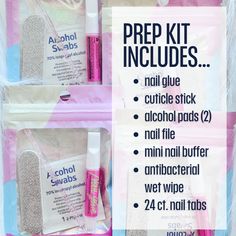 Nail Prep Kit • Press on Nail Kit Every nail order comes with 1 nail prep kit but if you order multiple sets an extra prep kit can come in handy! Includes: Nail Glue (glue will vary based on availability) Cuticle Pusher Alcohol Prep Pad (2) 24 ct. Adhesive Tabs Hand Sanitizer Packet or Anti-bacterial Wet Wipe Packet Press On Nail Kit, Nail Prep, Nail Buffer, Cuticle Pusher, Nail Glue, Wet Wipe, Nail Kit, Nail File, Glue On Nails