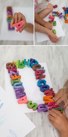 the child is playing with letters made out of colored plasticine blocks and glue on paper