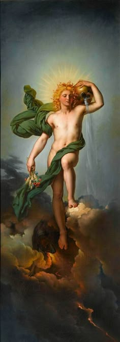 a painting of a naked man holding a bottle in his right hand and wearing a green robe